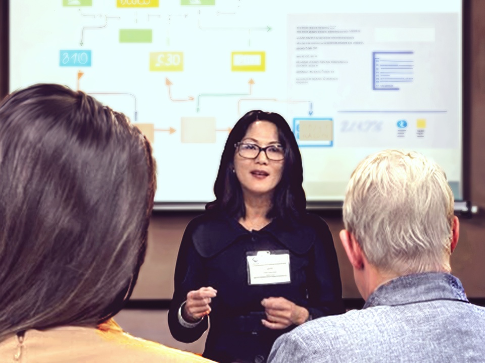 Ivy Chin leading an executive education session, presenting a process framework at a whiteboard to an engaged audience