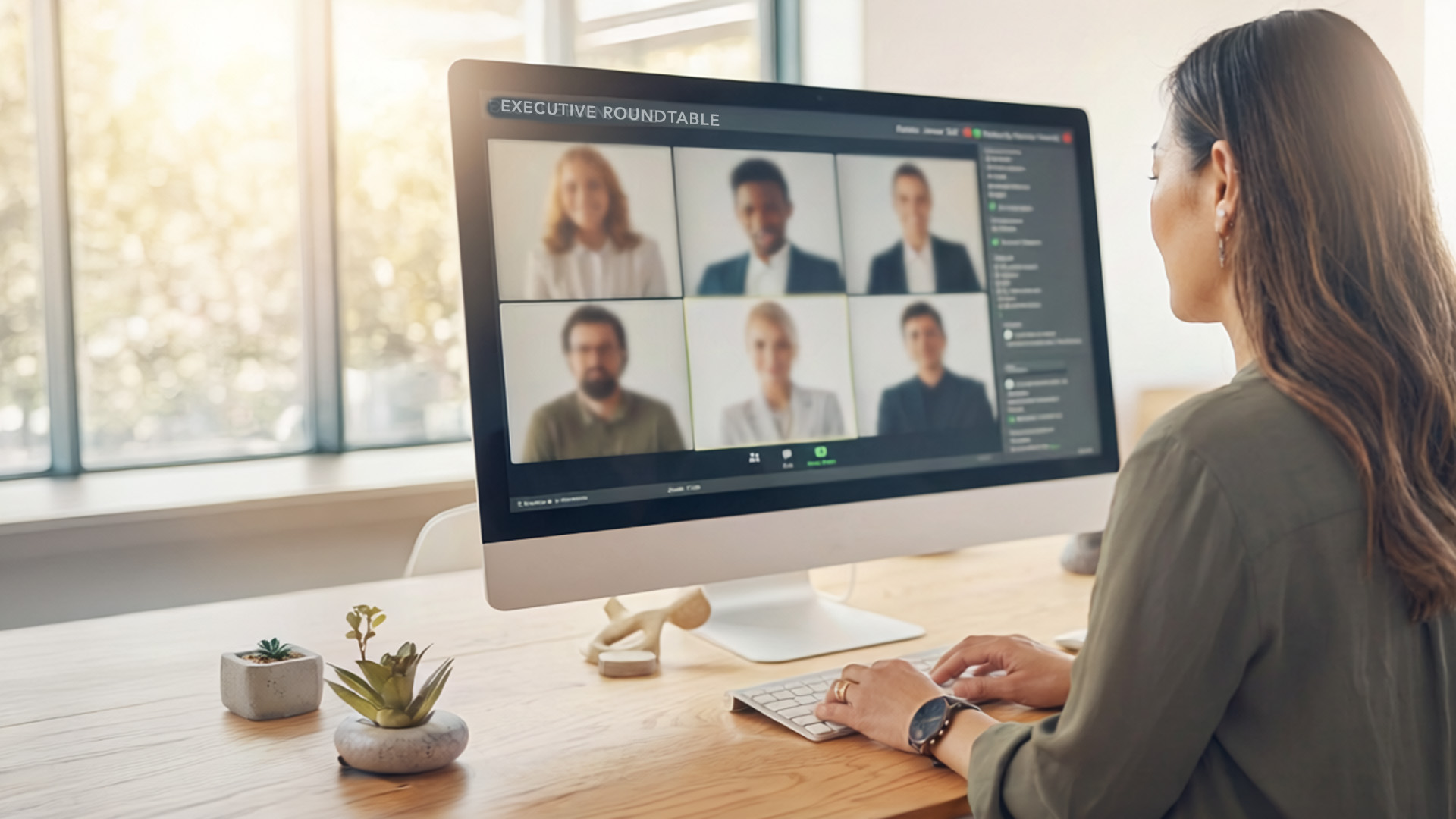 Woman leading an Executive Roundtable video conference with six participants on screen — representing the peer environment of Leadership Programs