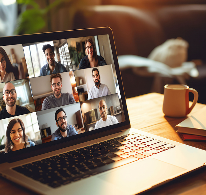 Laptop showing a live video call with multiple participants — representing the selective webinar format